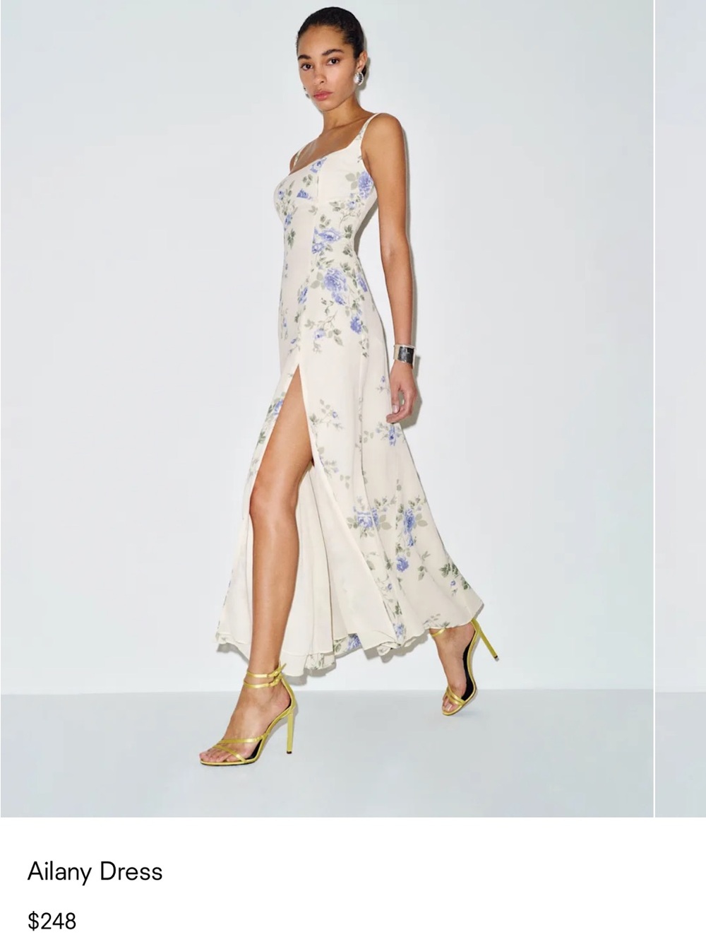 Reformation Ailany Dress in Cream with Floral Blue and Green Print, Size 4 NWT